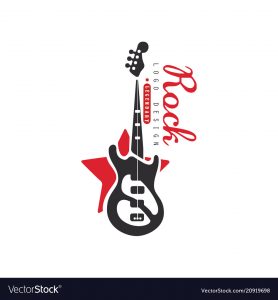 Rock logo design, emblem for rock band or festival with electric guitar vector Illustration isolated on a white background.